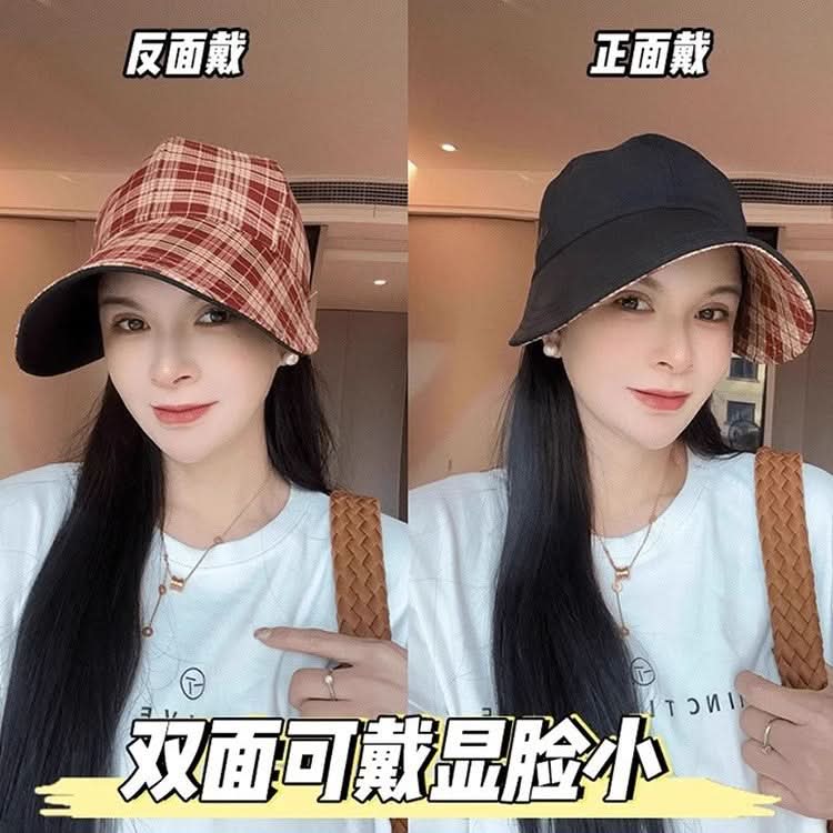 Women's Plaid Double-Sided Fisherman Hat – Retro Embroidered Hat