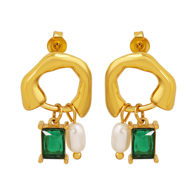 Geometric Pearl Drop Earrings for Women – Green Crystal Pendant, Fashion Office Style