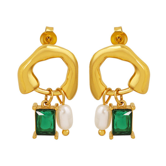 Geometric Pearl Drop Earrings for Women – Green Crystal Pendant, Fashion Office Style