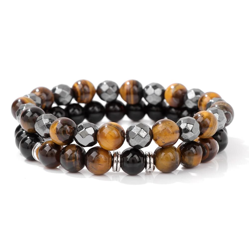 Natural Tiger Eye & Black Agate Beaded Bracelet Set
