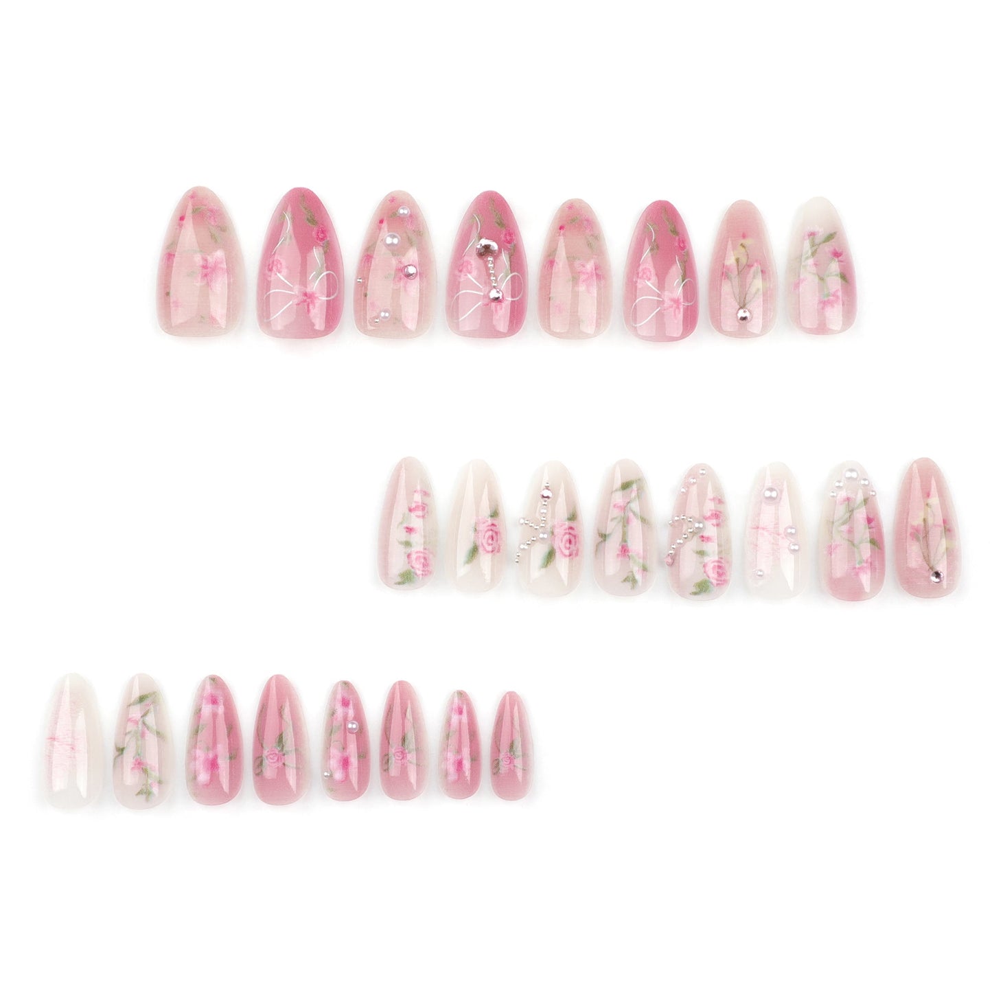 Romantic Rose Press-On Nails – Long Almond Floral Design with Pearls & Bows