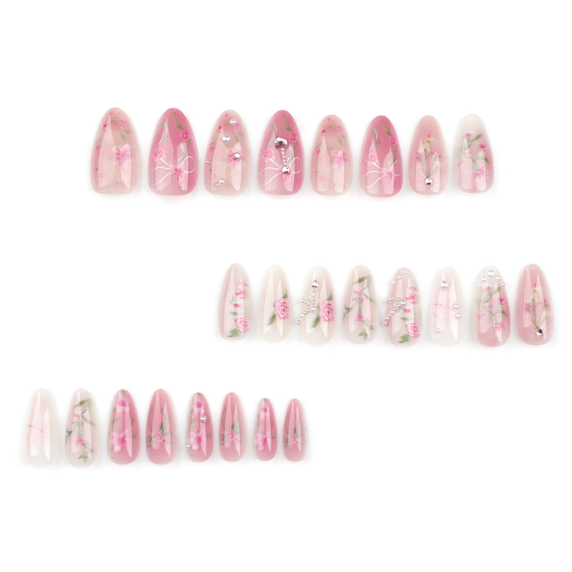 Romantic Rose Press-On Nails – Long Almond Floral Design with Pearls & Bows