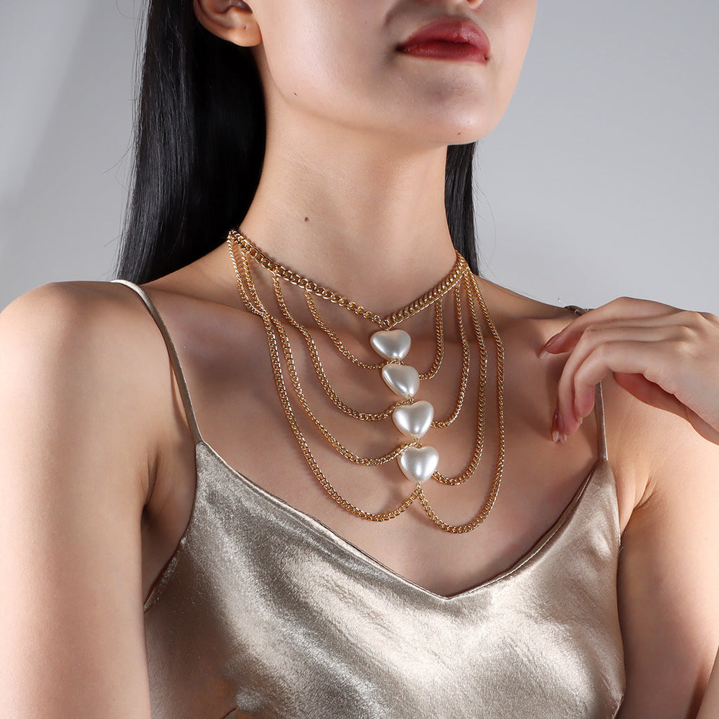 Tassel Heart Pearl Necklace – Elegant Multi-Layer Pendant Chain for Women