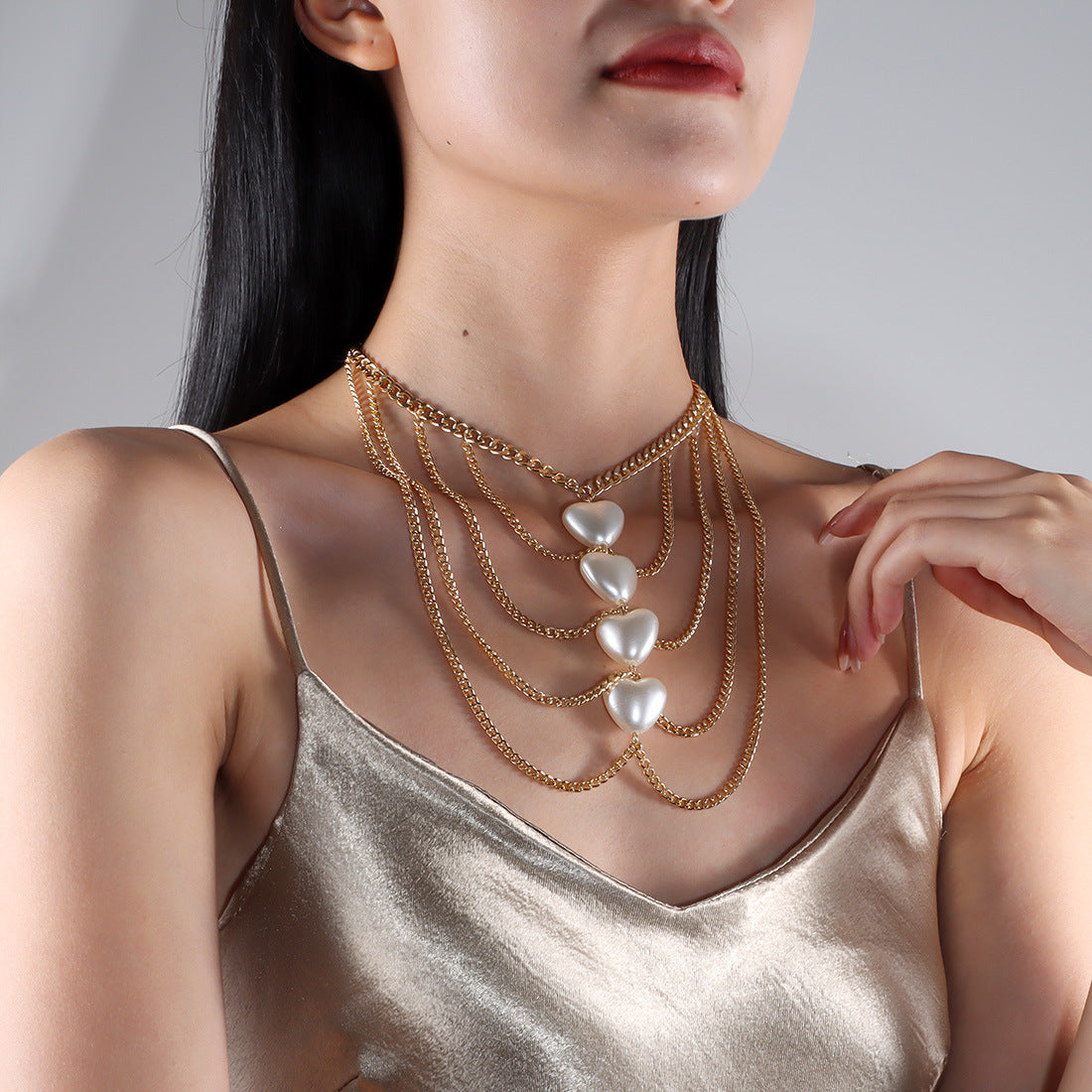 Tassel Heart Pearl Necklace – Elegant Multi-Layer Pendant Chain for Women