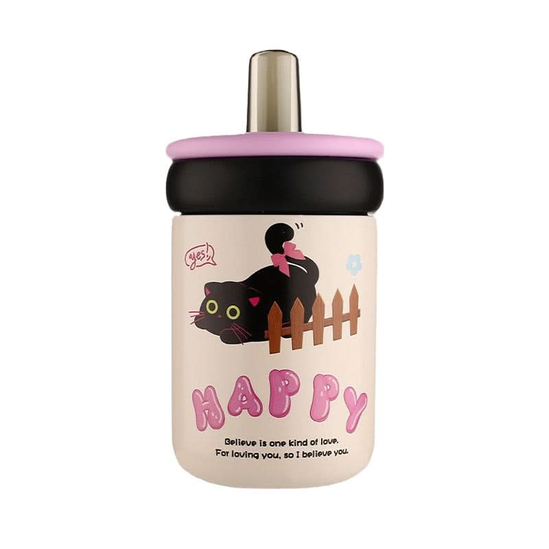 Cute Cat Stainless Steel Thermos Cup – 500ml Insulated Water Bottle with Straw