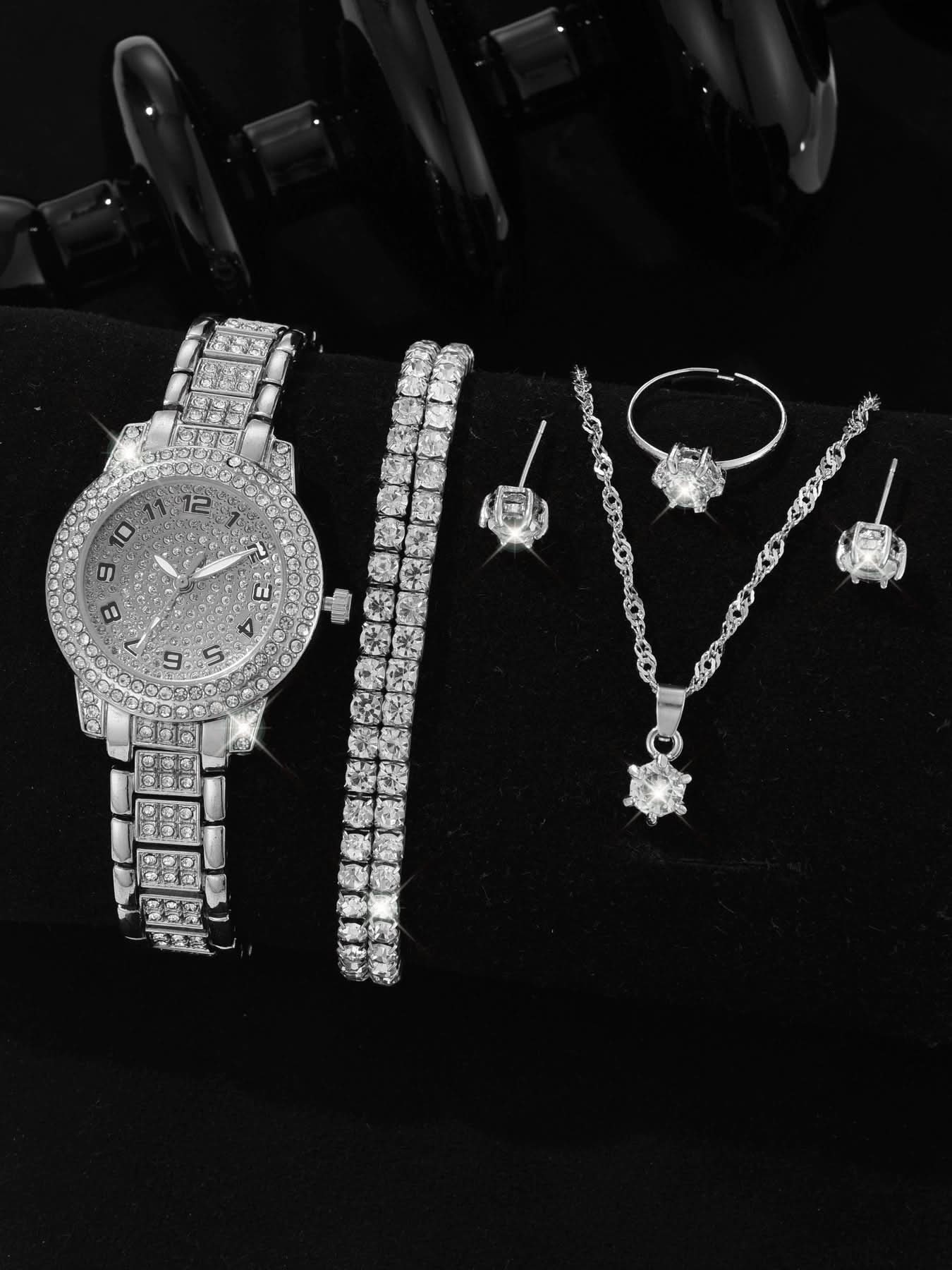 Luxury Full-Diamond Steel Quartz Watch – Roman Numerals, Hip-Hop Style Bracelet Set