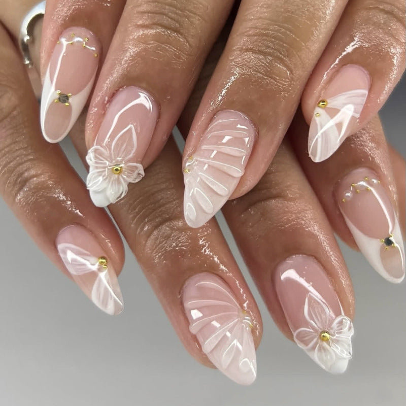 3D Floral Almond Press-On Nails – Elegant Nude White Acrylic Nails