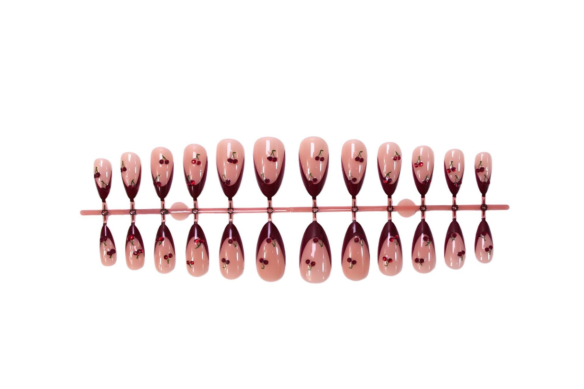 Playful Stiletto Press-On Nails – Nude & Burgundy French Tips with Cherry Design Nails