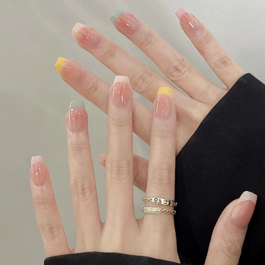 French Gradient Press-On Nails – Medium Square Acrylic Nail Tips with Colorful Tips