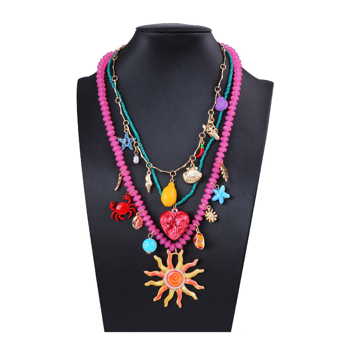 Colorful Sun Face Pendant Necklace – Multi-Layer Alloy Jewelry for Women