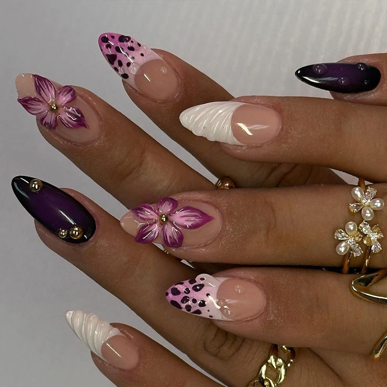 3D Floral Animal Print Press-On Nails – Long Almond Acrylic Glue-On Set