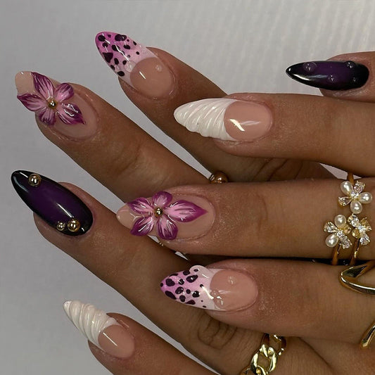 3D Floral Animal Print Press-On Nails – Long Almond Acrylic Glue-On Set