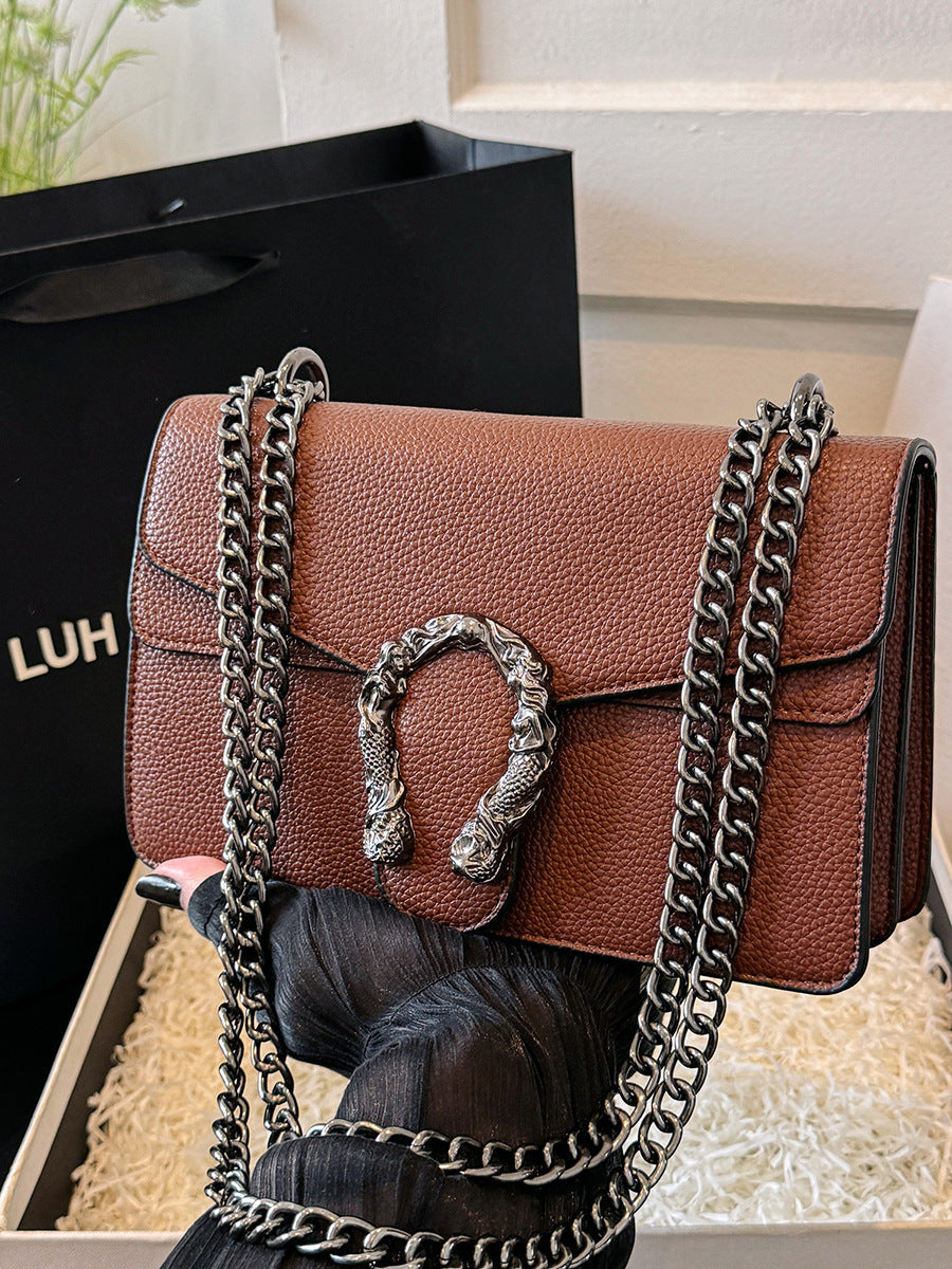 Luxury Chain Shoulder Bag for Women – Retro Stone Texture Medium Crossbody Bag