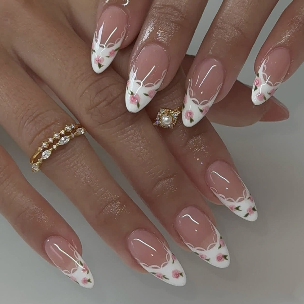 Romantic Floral French Tip Press-On Nails – Almond Shape, Glue-On Set