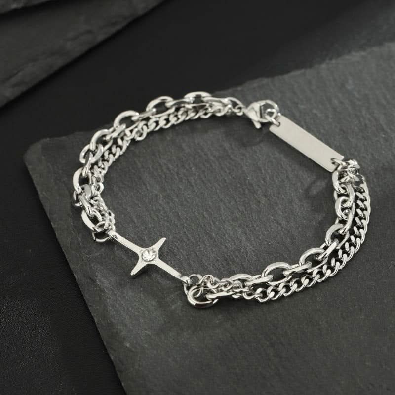Men’s Trendy Titanium Steel Star Bracelet – Double-Layer Cross Chain