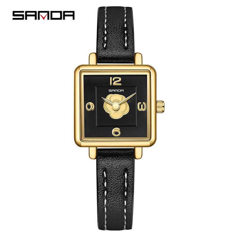 Sanda Women’s Square Quartz Watch – Waterproof Leather Strap Casual Analog Watch