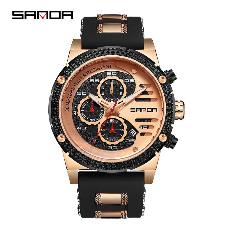 Sanda Men's Quartz Watch – Multi-Function Three-Eye Calendar Silicone Strap Waterproof