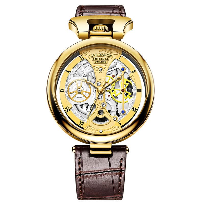 Men’s Hollow Dial Quartz Watch – Trendy Waterproof Leather Strap Timepiece