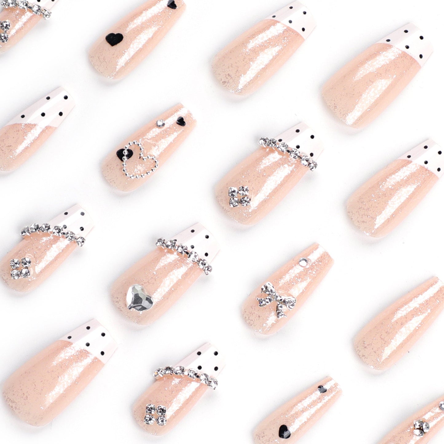 Long Coffin Press-On Nails with Rhinestone Hearts & Polka Dots – Wearable Nail Art