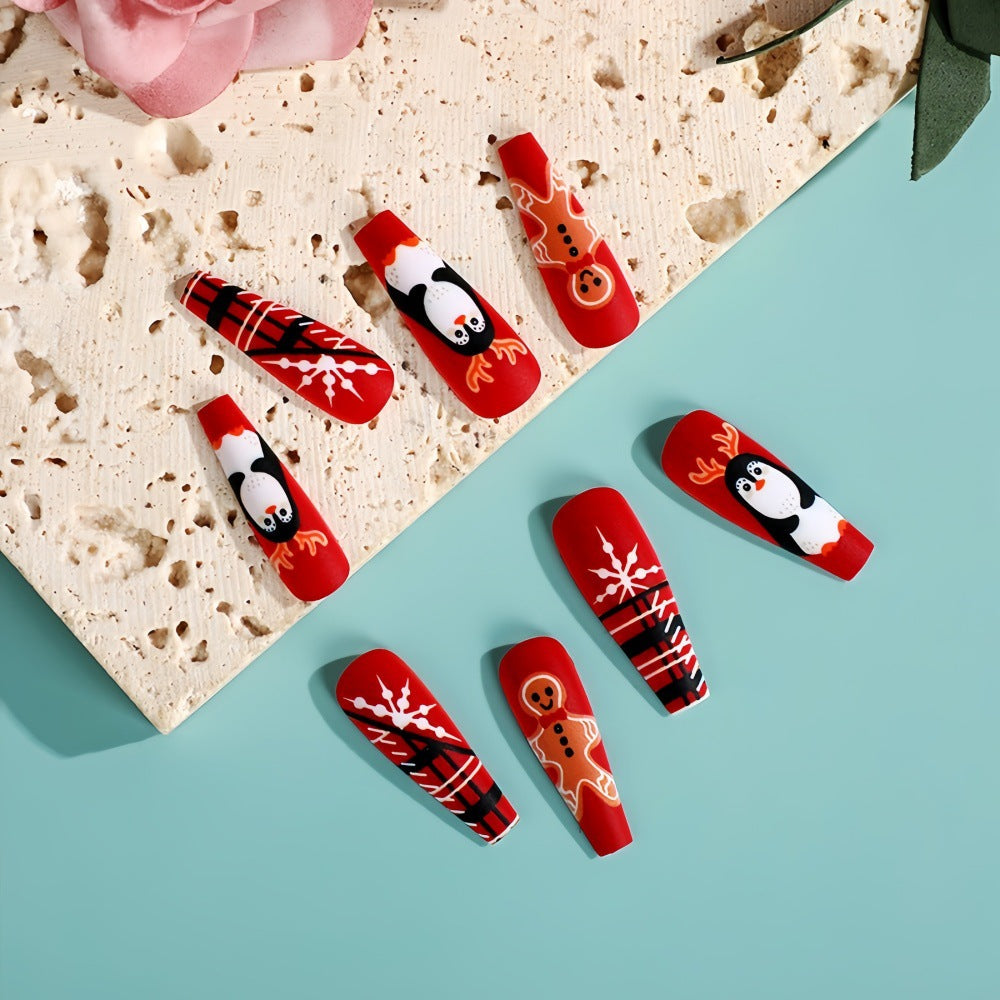 Festive Red Coffin Press-On Nails – Penguin & Gingerbread Design Nail Art