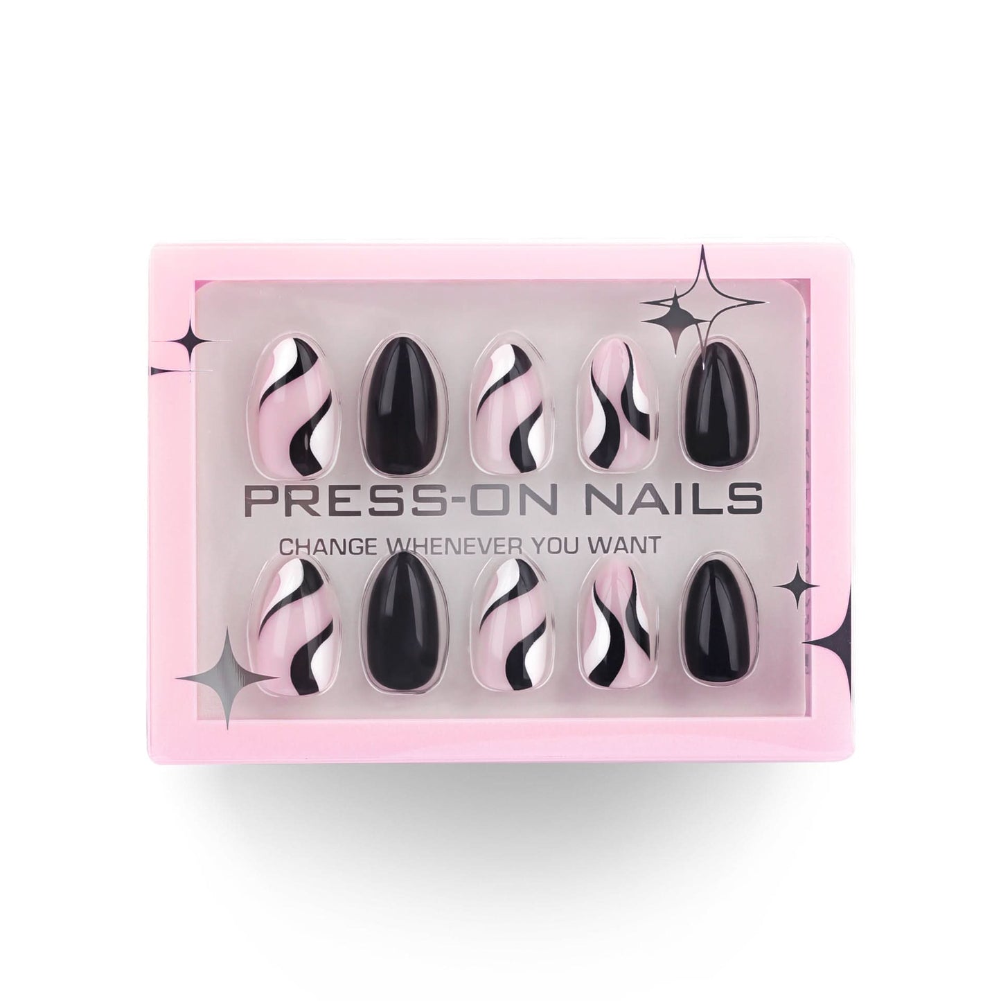 Almond Press-On Nails – Abstract Swirl Design, Short, Reusable False Nail Set