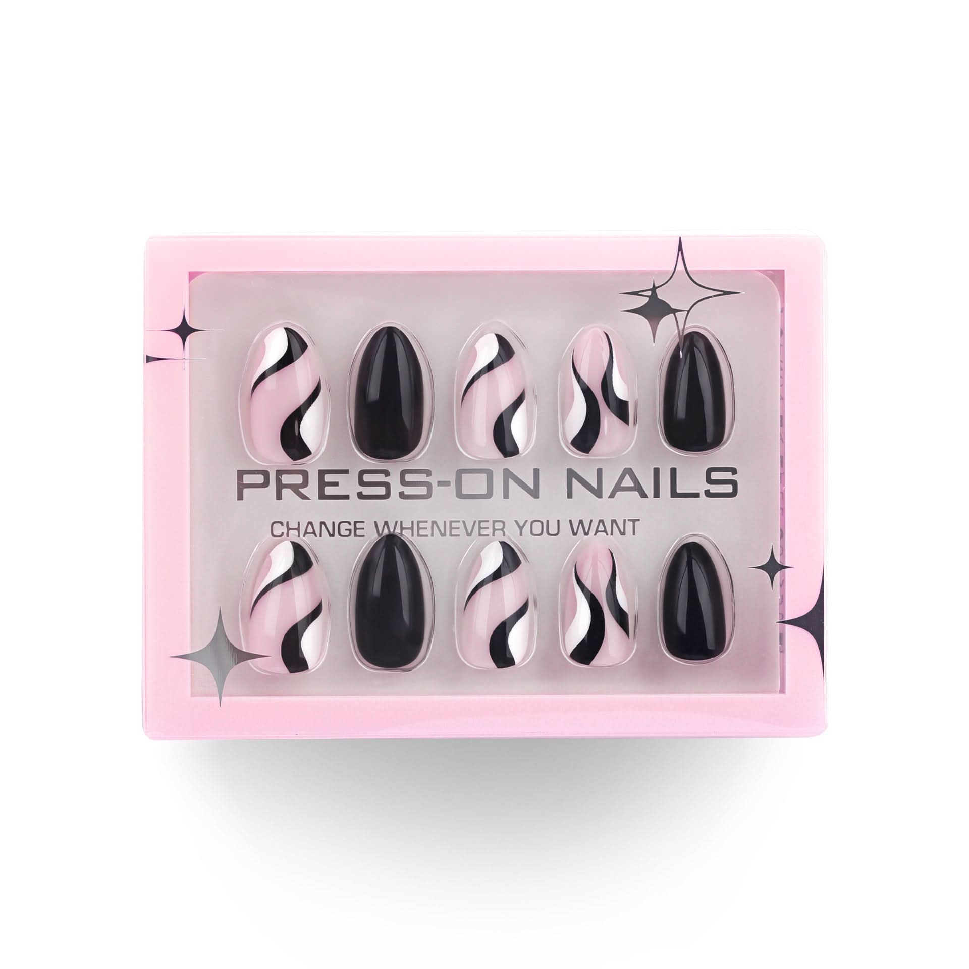 Almond Press-On Nails – Abstract Swirl Design, Short, Reusable False Nail Set