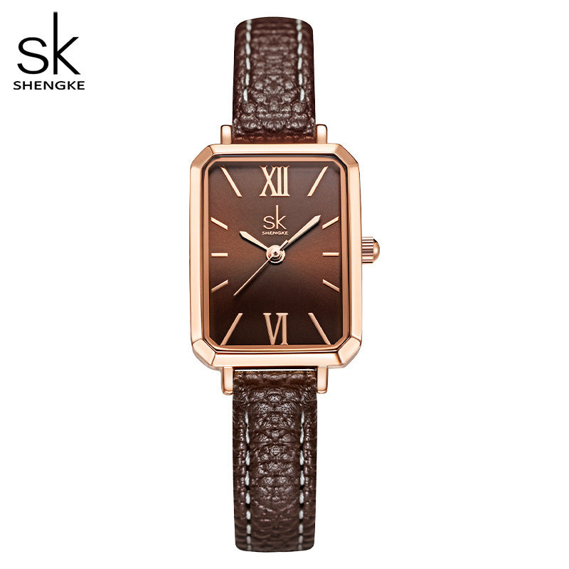 SK Women’s Quartz Watch – Square Dial, Leather Strap, 30M Waterproof Fashion Wristwatch