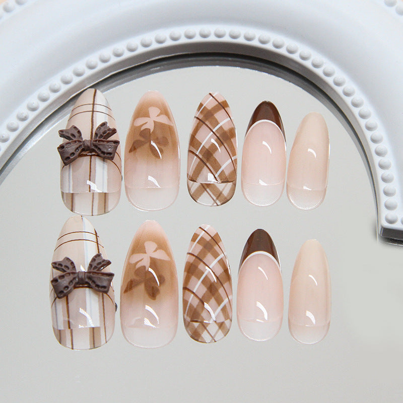 Fashionable Plaid Press-On Nails with Bow Design, Long Stiletto Acrylic Glue-On Set
