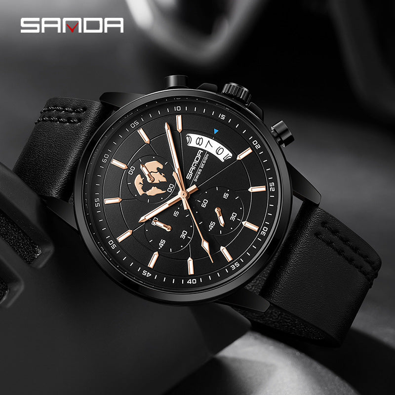Sanda Men’s Quartz Watch – Three-Eye Chronograph, 30M Waterproof Casual Analog Watch