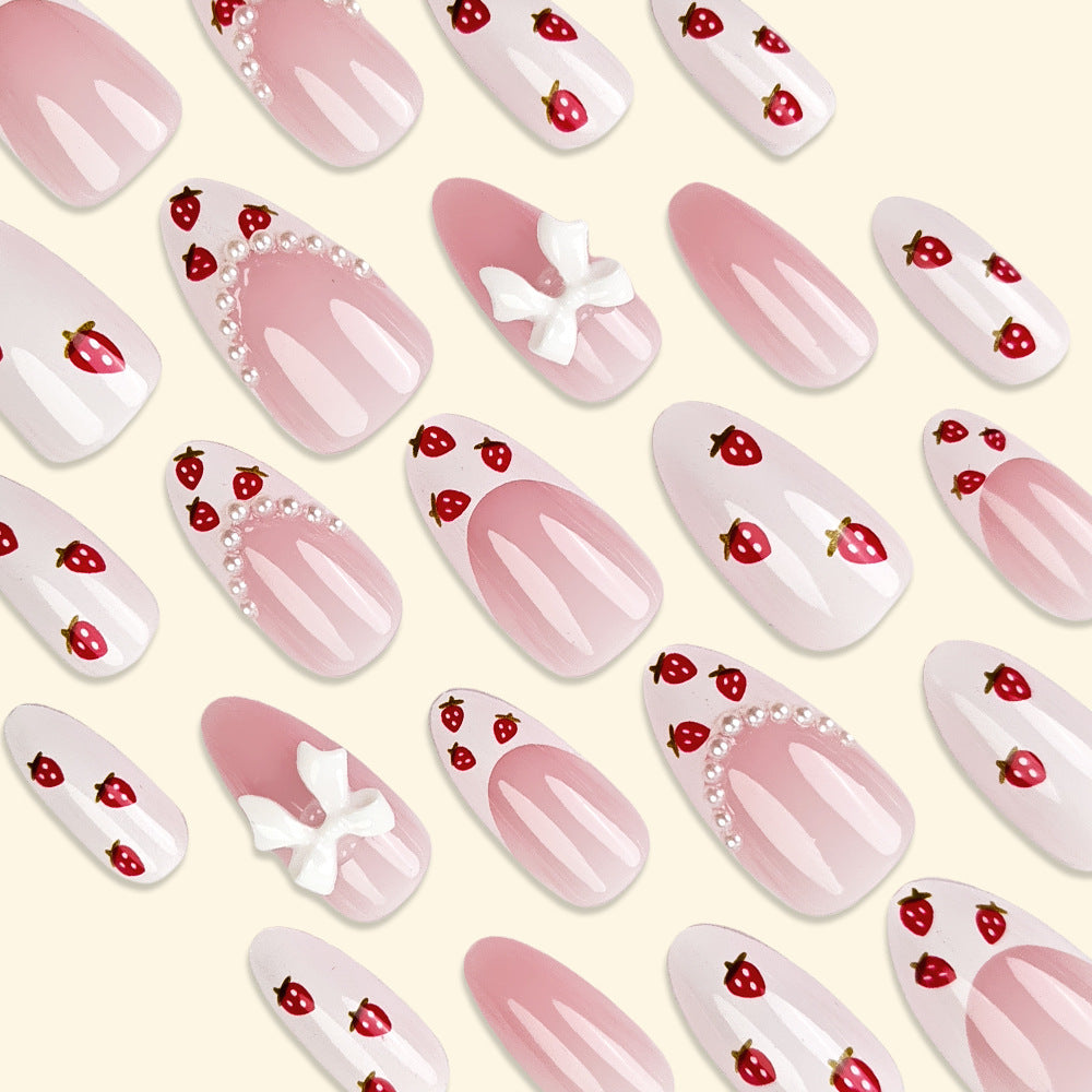 Strawberry French Tip Press-On Nails – Medium Acrylic Tips with Bow and Diamond Accents