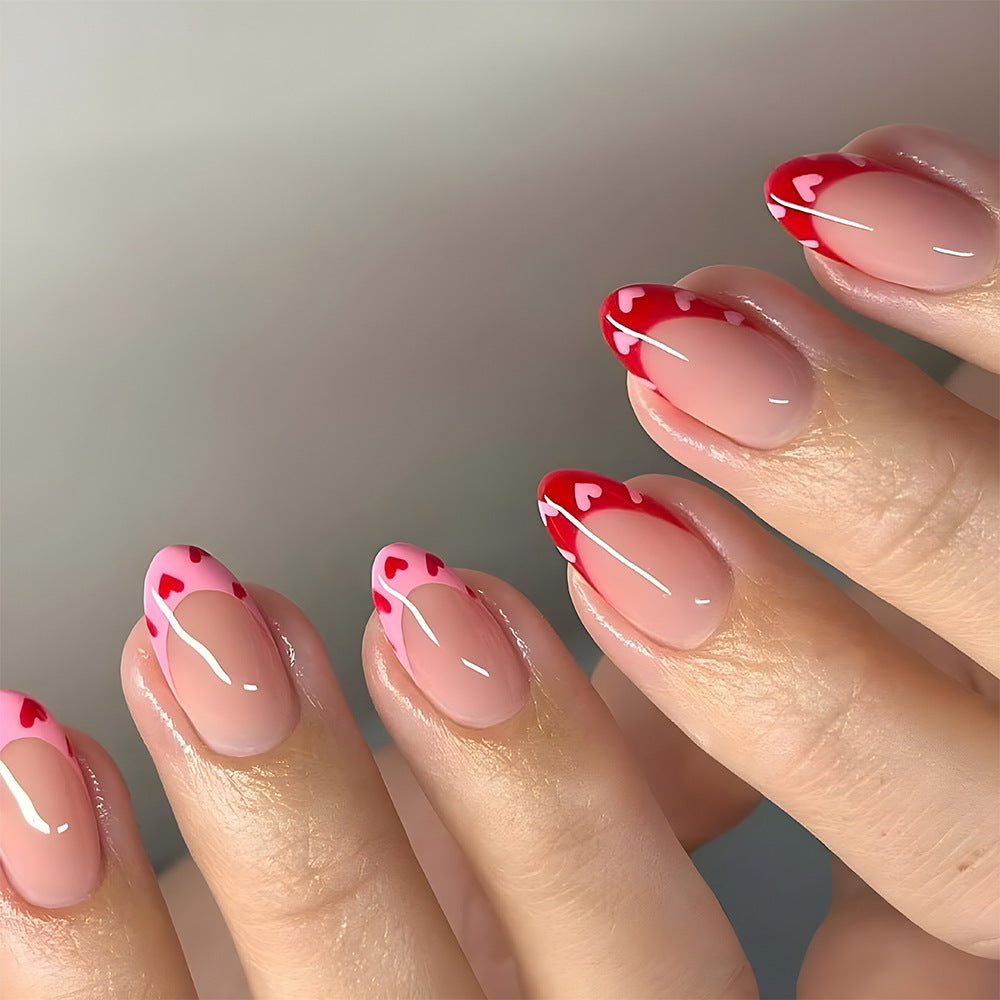 Cute French Tip Press-On Nails with Heart Design, Acrylic Glue-On Nails