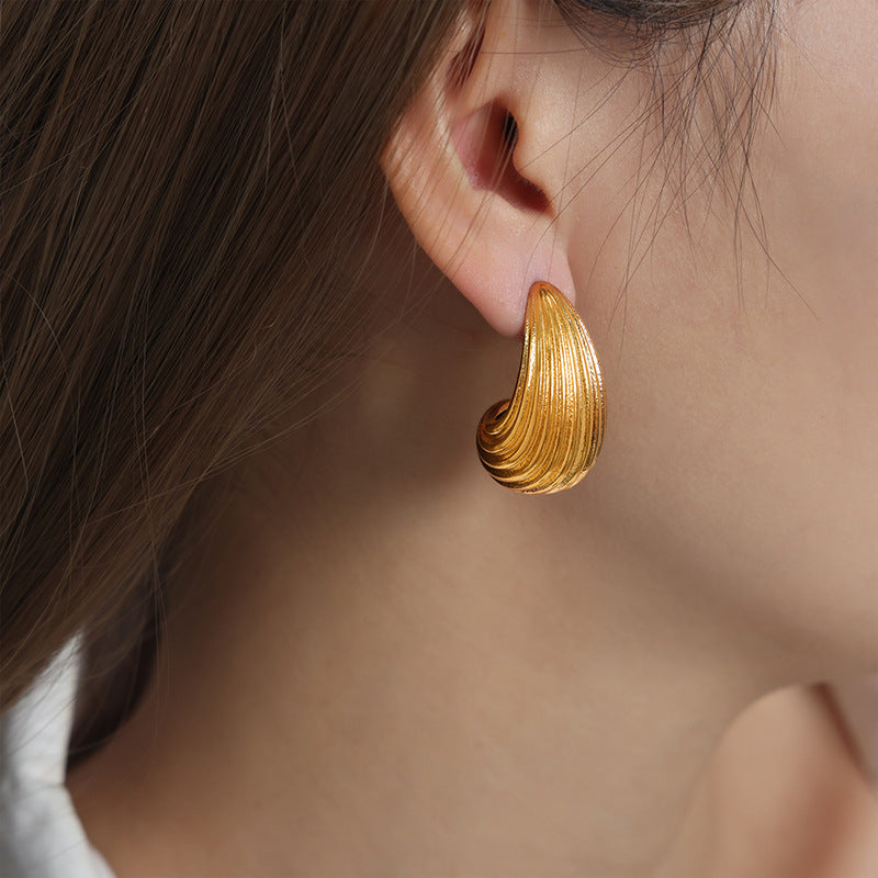 Shell Drop Stud Earrings – Vintage Ribbed Design, Titanium Steel Jewelry