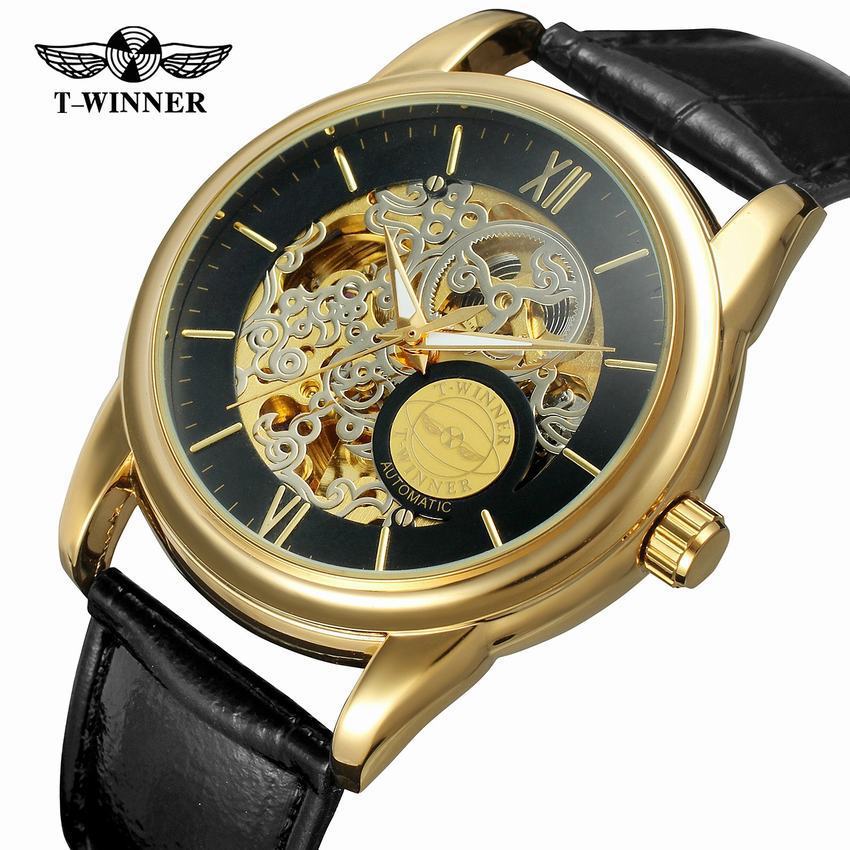 T-WINNER Hollow Automatic Mechanical Watch for Men – Leather Strap Fashion Timepiece