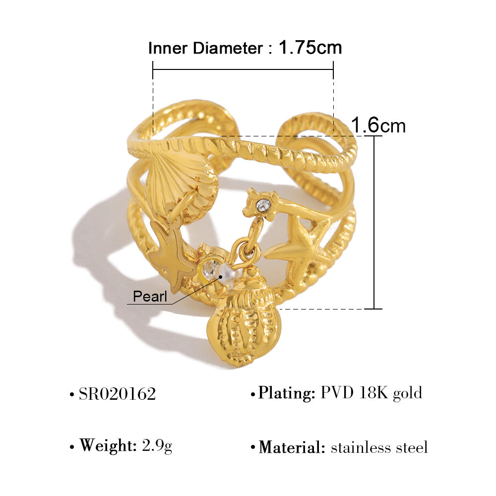 Ocean Starfish Shell Ring – Gold Titanium Steel Open Adjustable Beach Jewelry