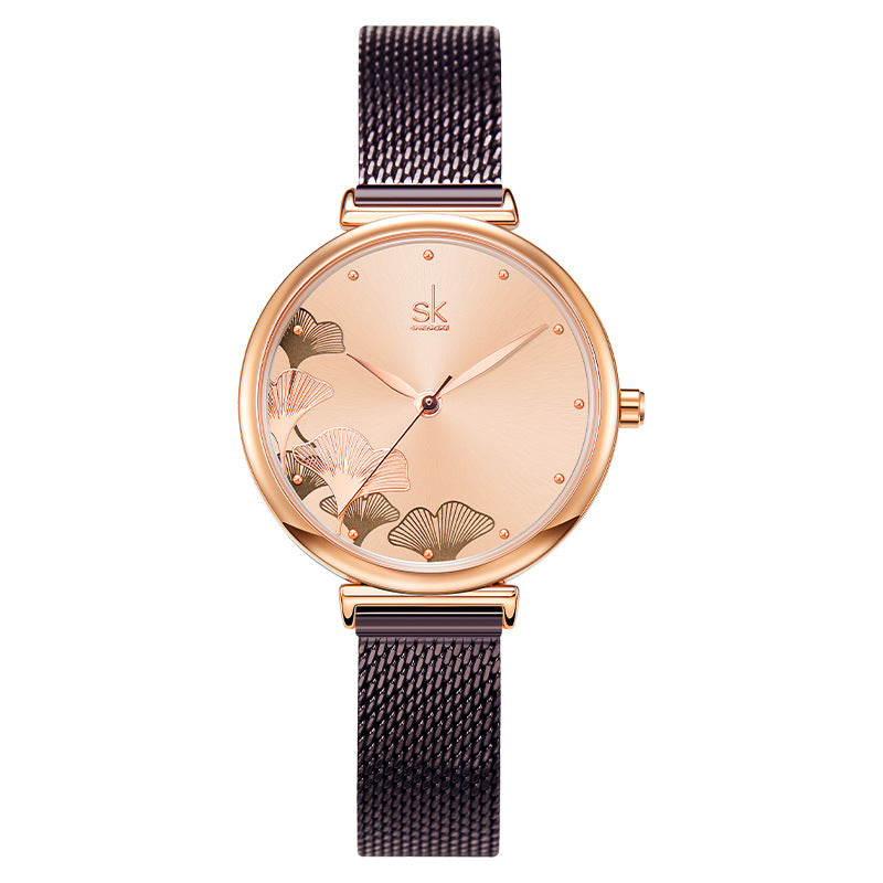 SK Women’s Quartz Watch – Ginkgo Leaf Dial, Steel Mesh & Leather Strap, 30M Waterproof