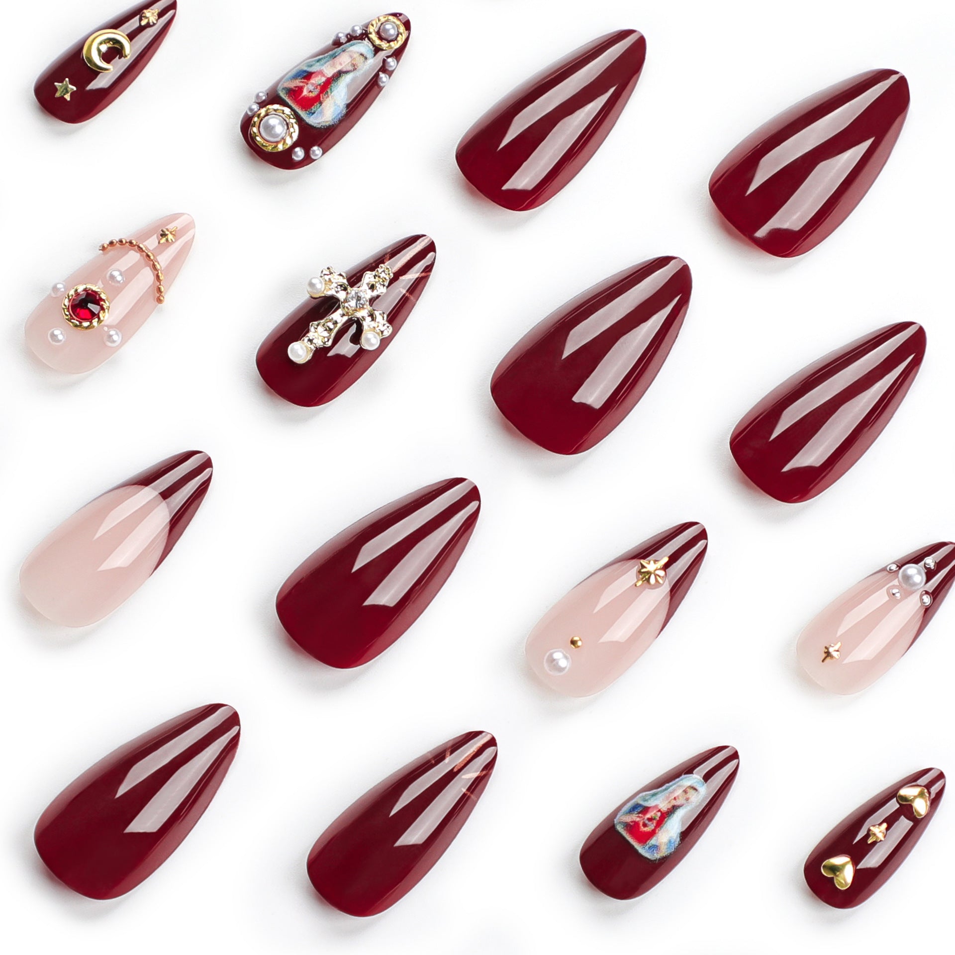Religious-Themed Press-On Nails – Long 3D Cross & Moon Design Acrylic Nail Set
