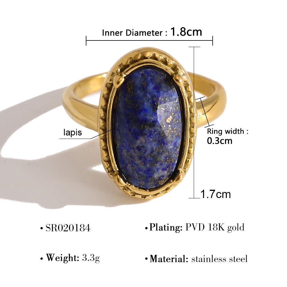Natural Stone Ring – Blue Oval Titanium Steel Adjustable Retro Jewelry