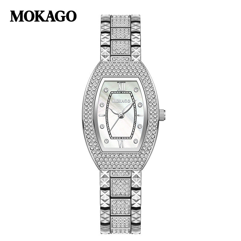 Mokago Elegant Women’s Diamond Quartz Watch – Mother-of-Pearl Dial, Luminous Timepiece