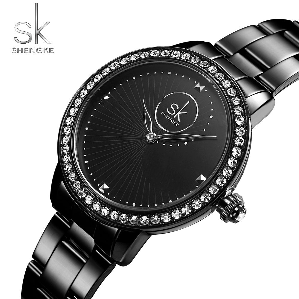 SK Women’s Quartz Watch – Diamond Frame Business Wristwatch with Stainless Steel Band