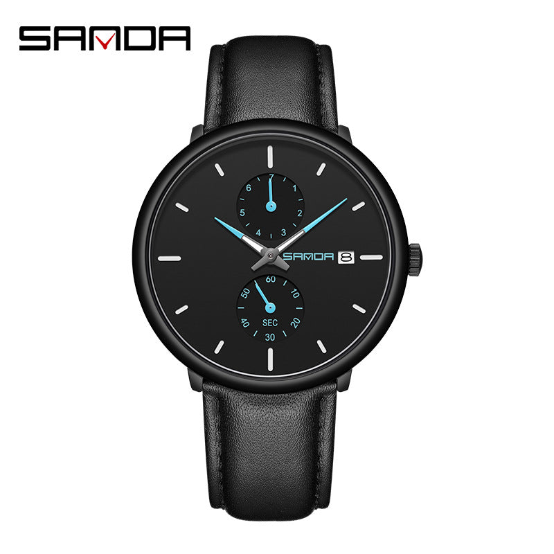 Sanda Men’s Classic Leather Quartz Watch – Waterproof Luminous Calendar Wristwatch