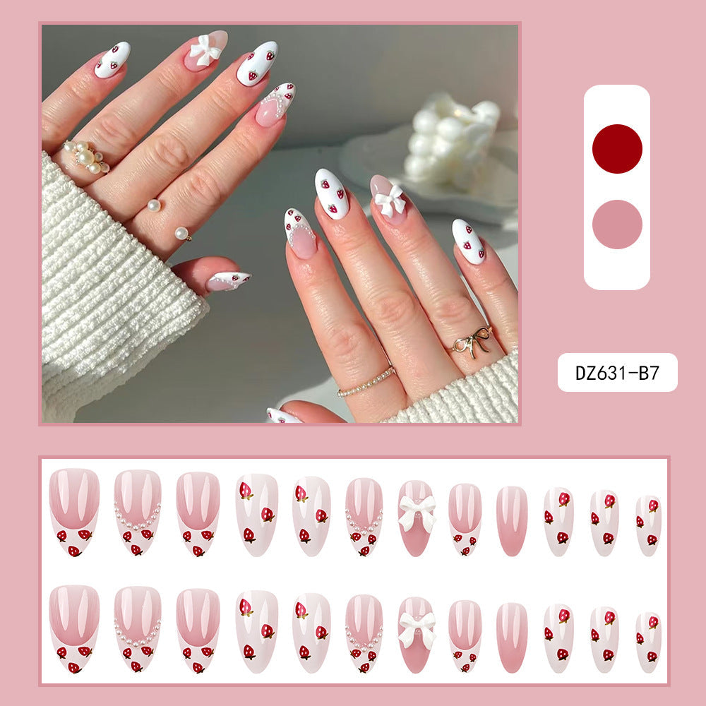 Strawberry French Tip Press-On Nails – Medium Acrylic Tips with Bow and Diamond Accents