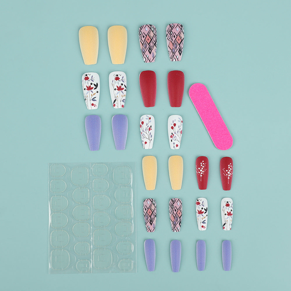Long Coffin Press-On Nails – Matte Floral & Geometric Acrylic Nail Art Set