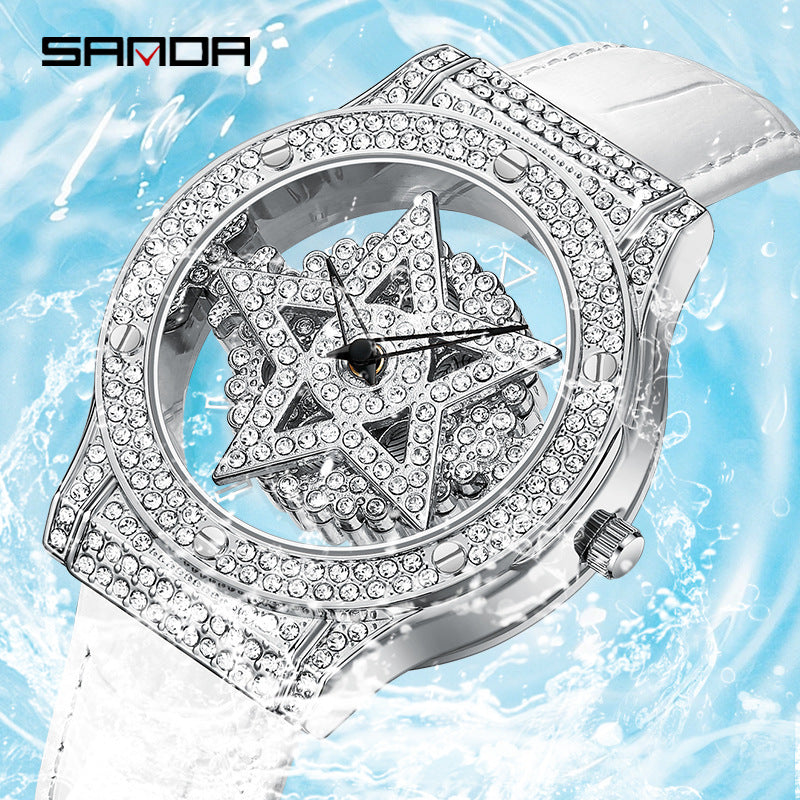 SANDA Women's Star Quartz Watch – Waterproof Leather Strap Casual Ladies Timepiece