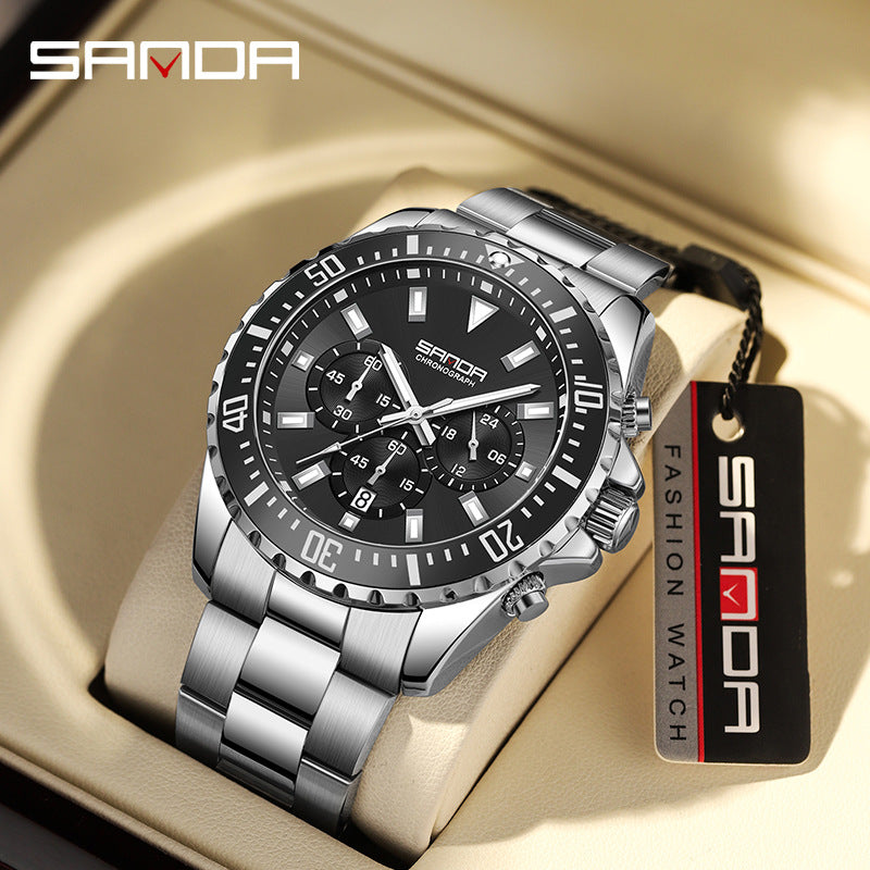 SANDA Luminous Men’s Quartz Watch – Stainless Steel Strap with Calendar & Chronograph