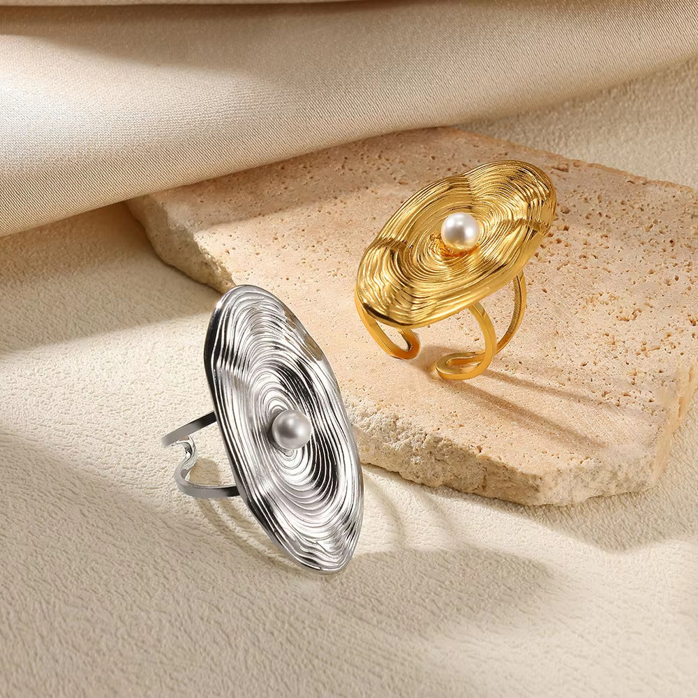 Modern Stainless Steel Pearl Ring – Adjustable Geometric Design, Minimalist Jewelry