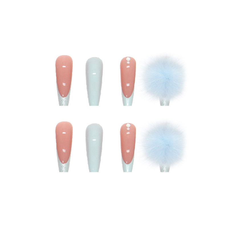Long Blue Coffin Press-On Nails – Rhinestone & Pom Accent Acrylic False Nails