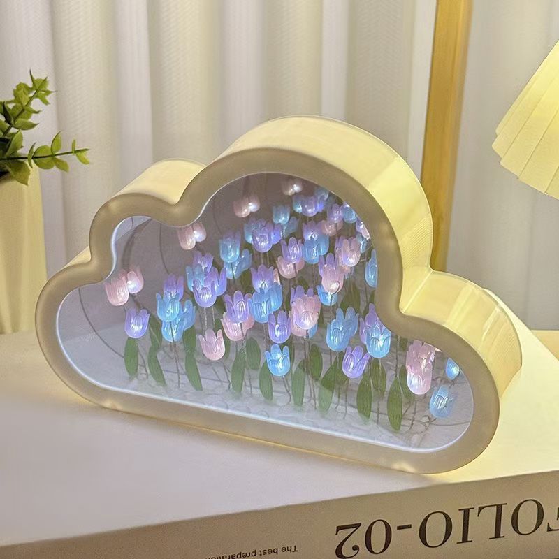 DIY Cloud Tulip Night Light – Handmade Nordic-Style Floral Mirror Lamp with Built-In Battery