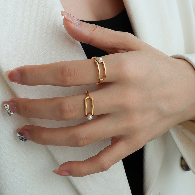 Open Frame Pearl Accent Ring – Elegant Minimal Titanium Steel Jewelry for Women
