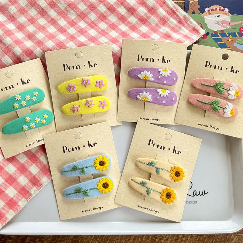 Korean Flower Drop Hair Clips for Girls – Cute Fabric Bangs & Side Clips (Pack of 4)