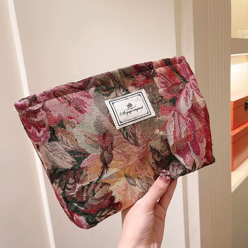 Retro Jacquard Cosmetic Bag – Thickened Travel Toiletry Pouch with Zipper